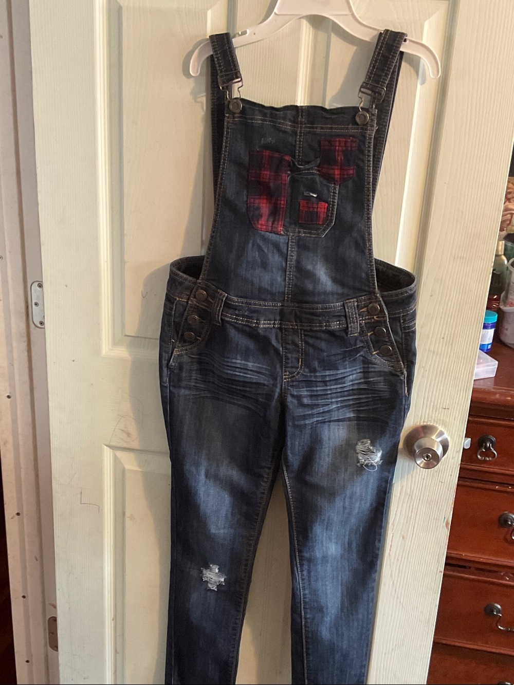 Rue21 Dark Wash Denim Overalls with Red Plaid Bib